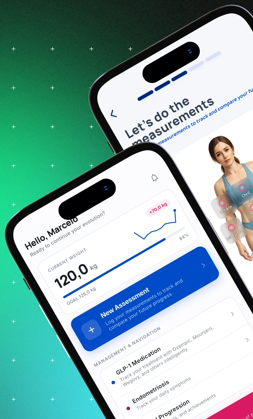 EvoluaFit-Bildschirme auf dem iPhone: Übersicht mit aktuellem Gewicht und Verlaufskurve sowie der Eingabebildschirm für Körpermaße